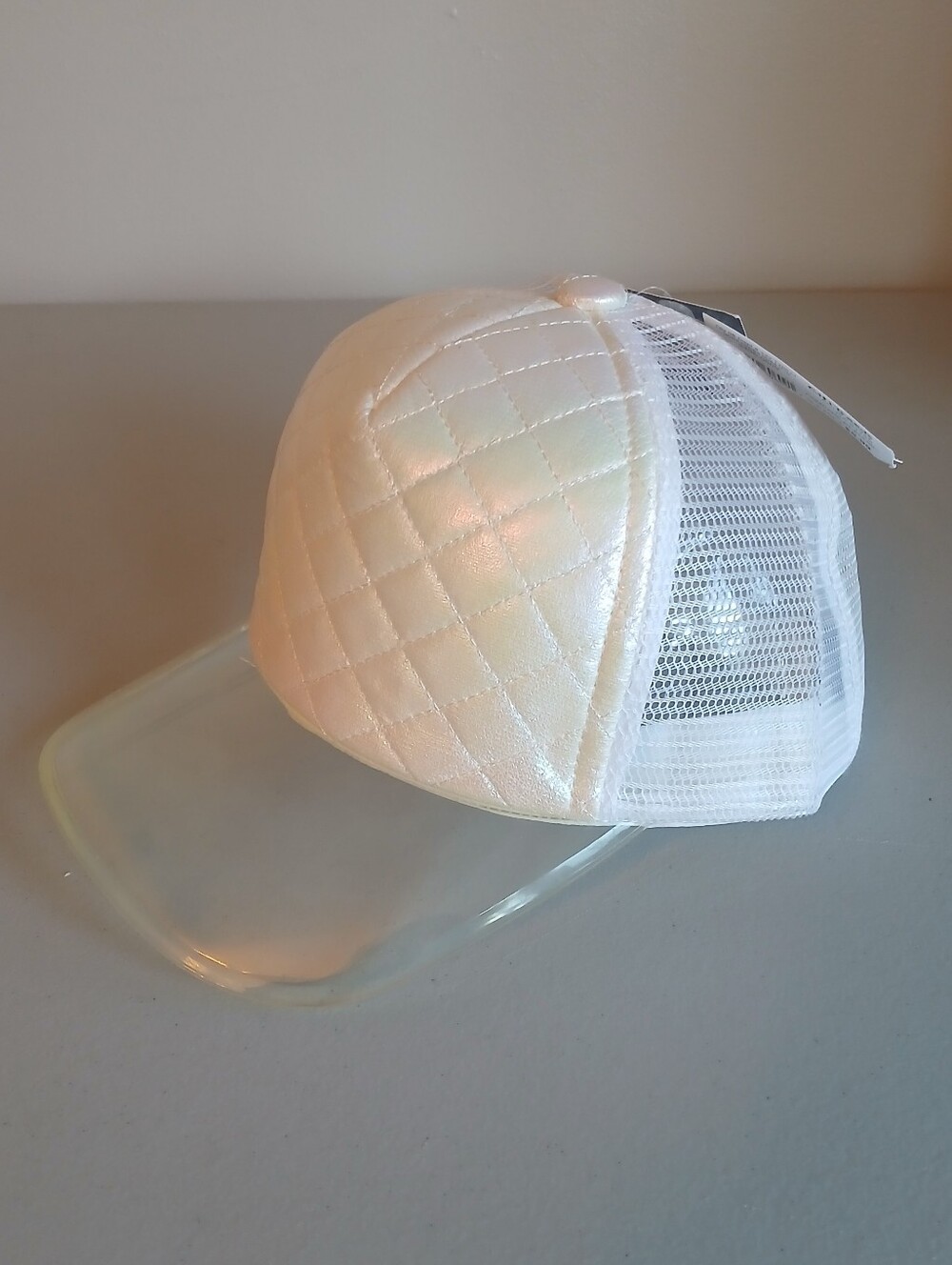 White Iridescent Quilted Mesh Trucker Baseball Cap with Clear Visor OS New!